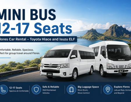 MINI BUS 12–17 Seats Flores Car Rental featuring Toyota Hiace and Isuzu ELF minibuses parked on a scenic coastal road with Komodo National Park landscapes in the background. Comfortable and spacious group transportation for Flores overland tours, airport transfers, family vacations, and corporate travel in Labuan Bajo and across Flores Island.