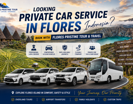 Private Car Service in Flores promotional banner by Flores Pristine Tour featuring private cars and bus transportation with scenic views of Kelimutu Lake, Wae Rebo traditional village, and Ruteng spider web rice fields in Flores Island, Indonesia
