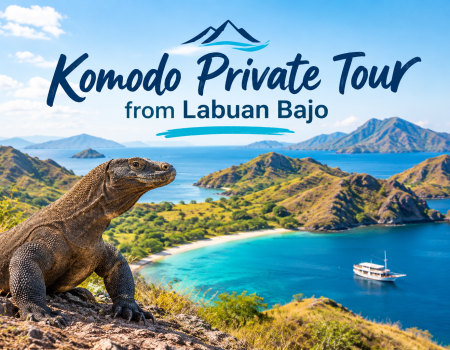 Private Komodo Tour from Labuan Bajo featuring Komodo dragons, beautiful islands, turquoise waters, and a traditional tour boat.