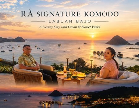 RÀ SIGNATURE KOMODO in Labuan Bajo with luxury ocean and sunset views, featuring guests relaxing on a balcony overlooking boats at sunset and a panoramic coastal night view.