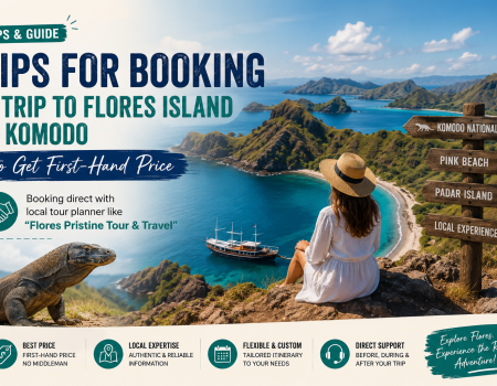 Travel promo: woman in a hat sits on a cliff overlooking a turquoise bay with a signpost to Komodo National Park and Pink Beach.