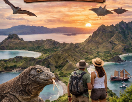 Couple overlooking Padar Island and Komodo National Park at sunset, with a Komodo dragon, snorkeling gear, hiking boots, camera, and map in the foreground; manta rays fly in the sky.