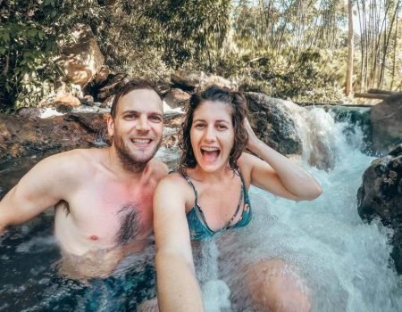 Malanage Flores natural hot springs with hot volcanic water flowing into a cool river near Bajawa